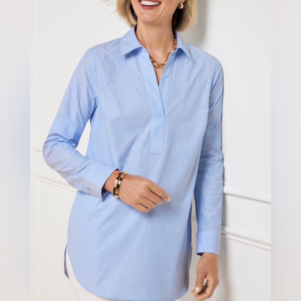 Talbots button back tunic woMen's Casual Light Blue Button Down Shirt micro stri